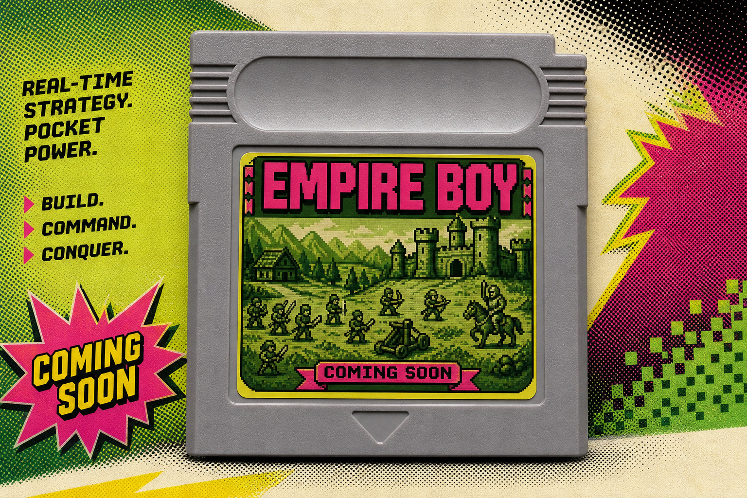 90s-style Empire Boy cartridge mockup advert with coming soon text